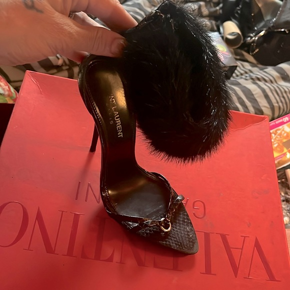 Black  saint lauret heels with black furry ankle cuff zip up the back heel - Picture 1 of 3